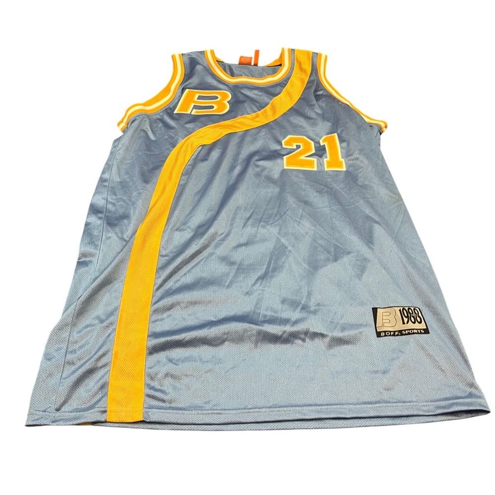 Boff Sports Basketball Jersey Mens XL Blue Yellow Sash Number 21 Mesh Sleeveless
